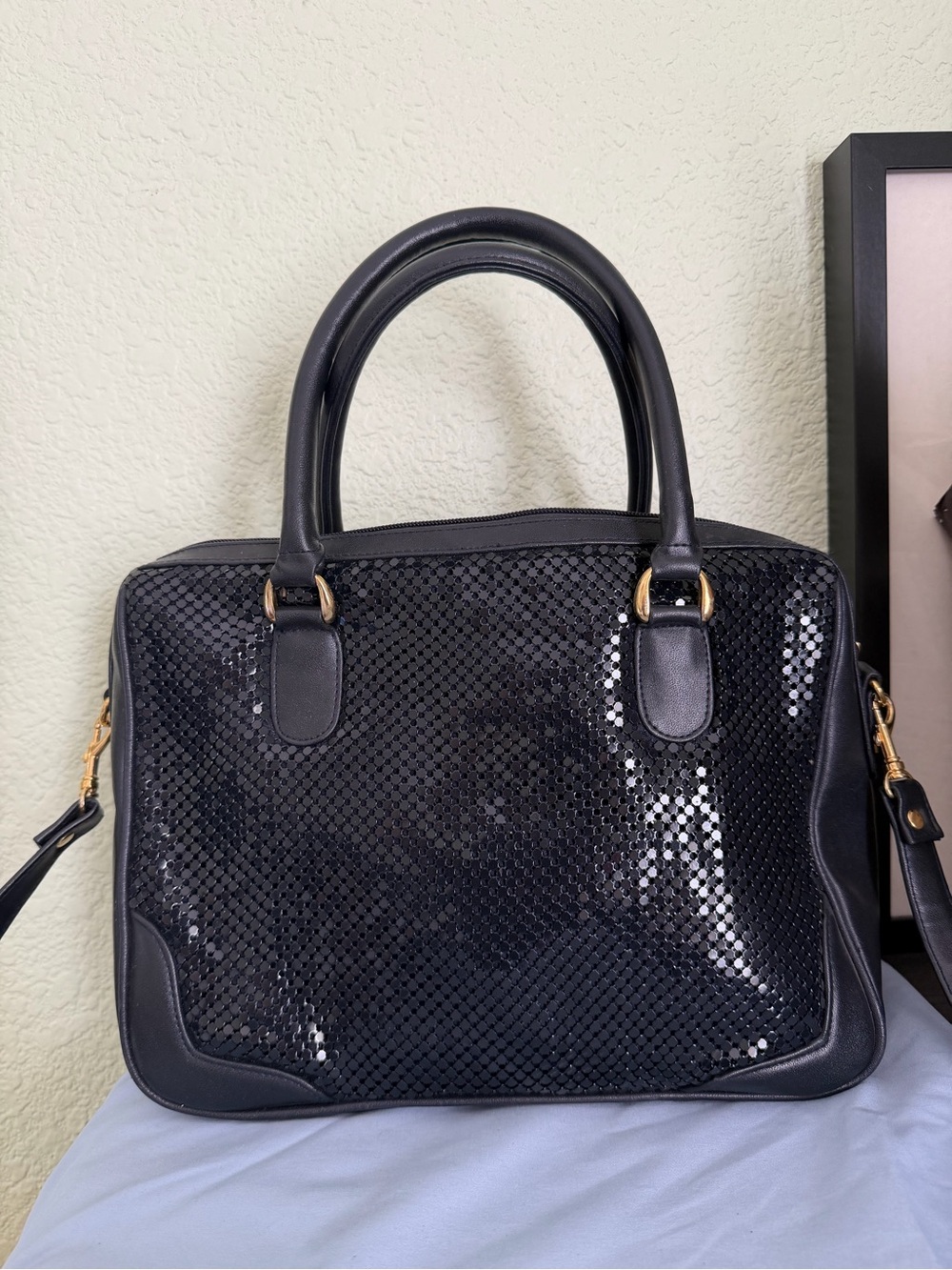 Whiting & Davis Black Leather and Metal Mesh Tote Bag - Elegant Women's Handbag